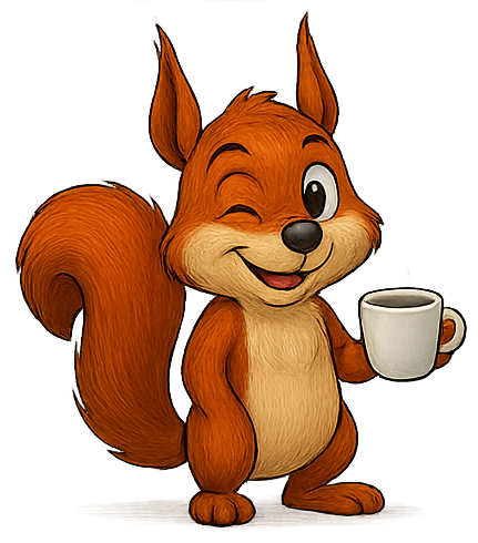 La mascotte Monelio, un écureuil, prend un café tranquillement