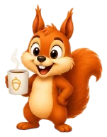 La mascotte Monelio, un écureuil, savoure un café, une tasse frappée d'un gland à la main
