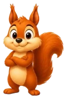 La mascotte Monelio, un écureuil, bras croisés et l'air sûr de lui, symbole de la protection des données